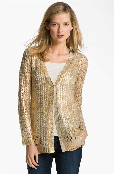 cooling fabric metallic cardigan under $250|Women's Metallic Sweaters .